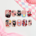 short length light pink squoval press on nails with cat design, summer season design