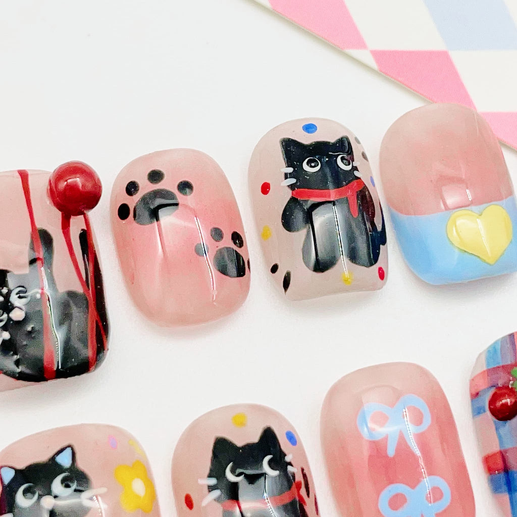 short length light pink squoval press on nails with cat design, summer season design