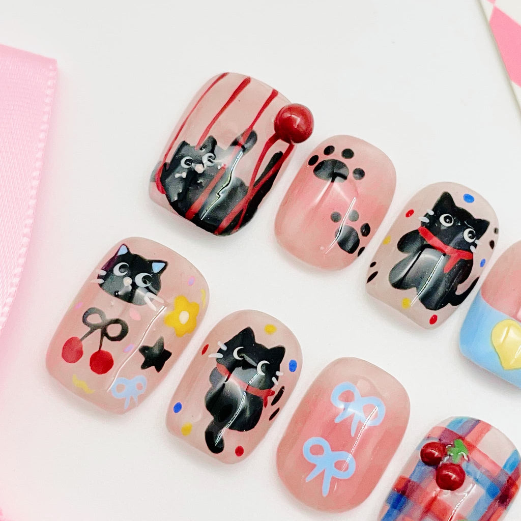 short length light pink squoval press on nails with cat design, summer season design