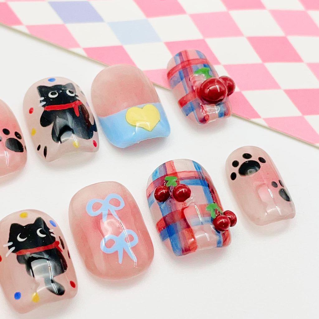 short length light pink squoval press on nails with cat design, summer season design