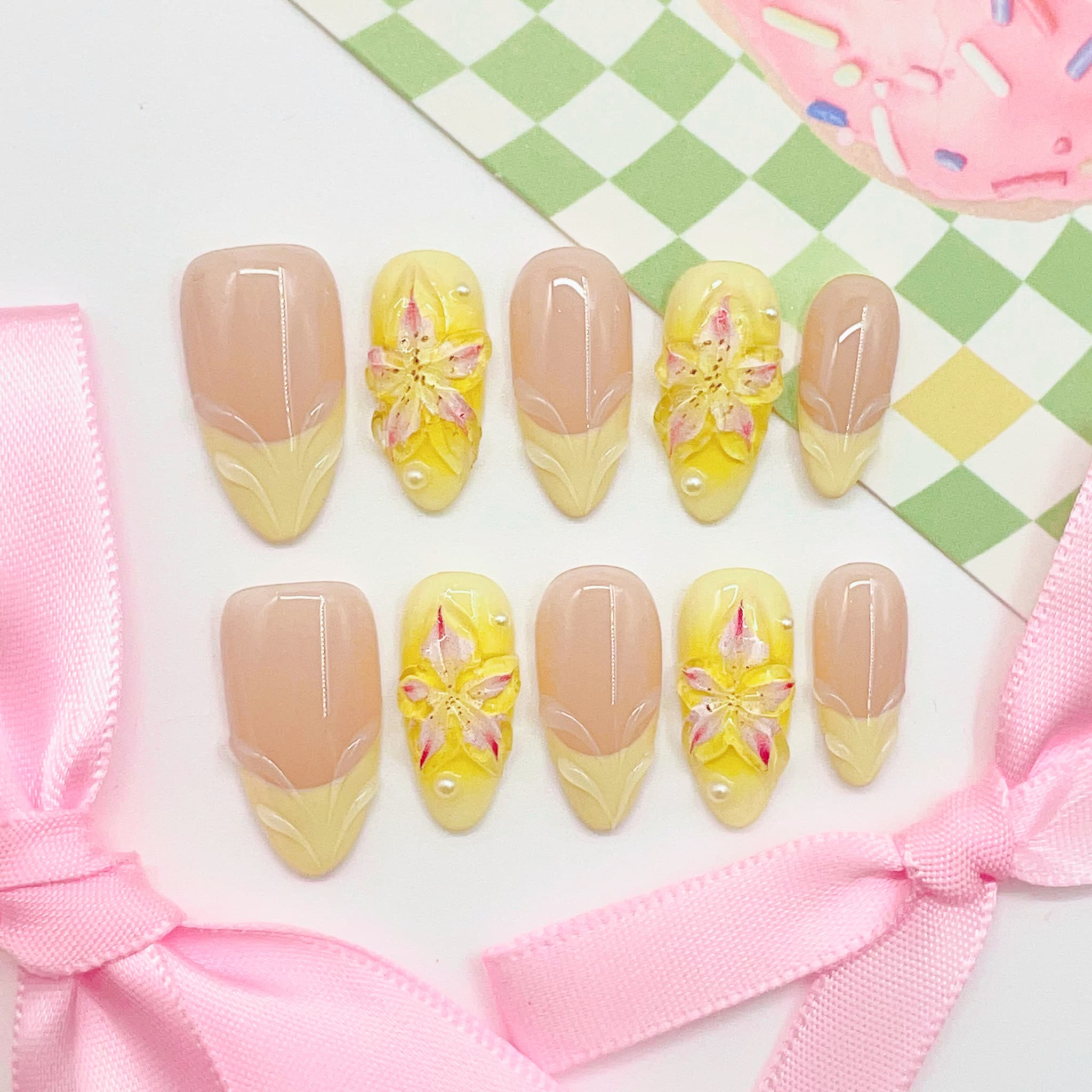 medium light light golden rod yellow almond press on nails with french tips design