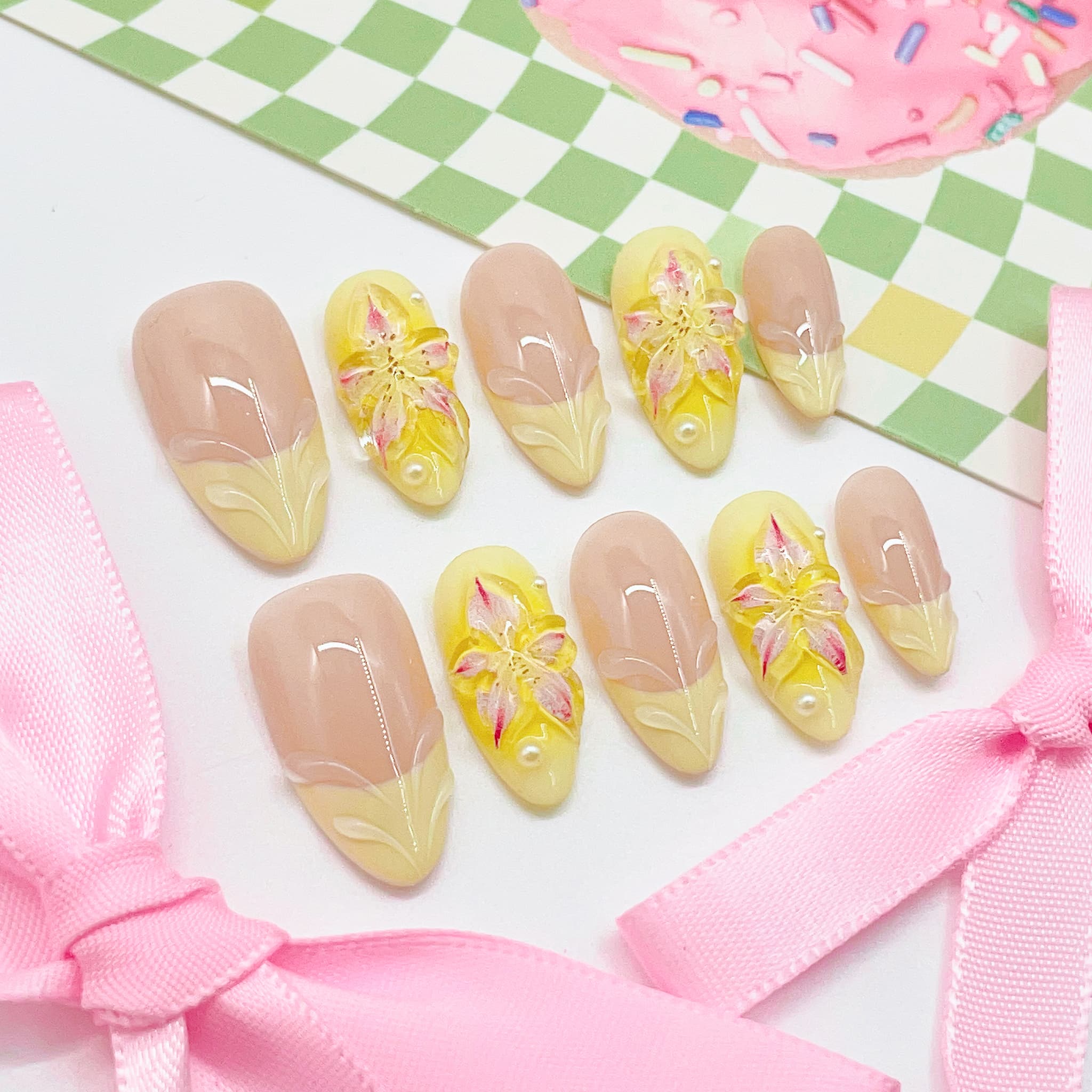 medium light light golden rod yellow almond press on nails with french tips design