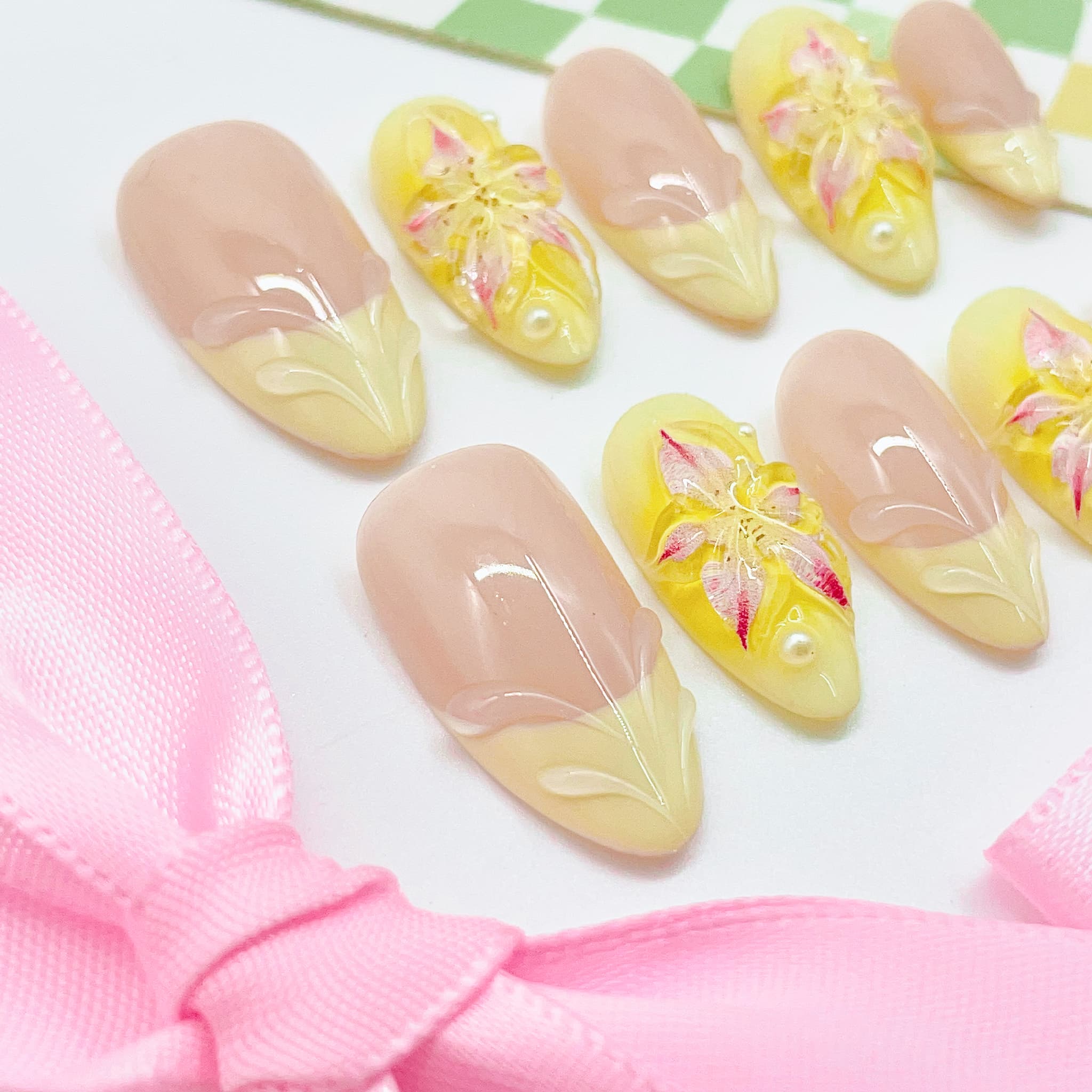 medium light light golden rod yellow almond press on nails with french tips design