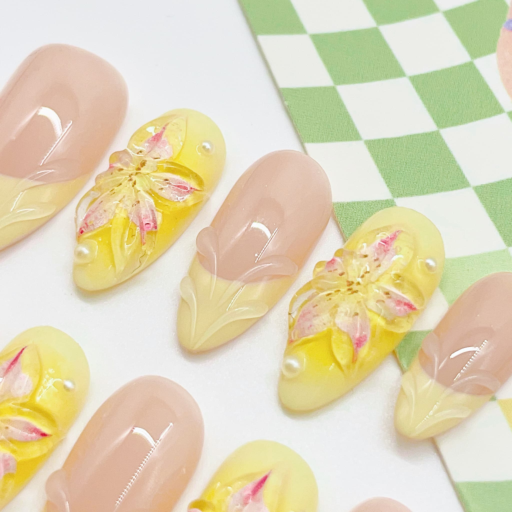 medium light light golden rod yellow almond press on nails with french tips design