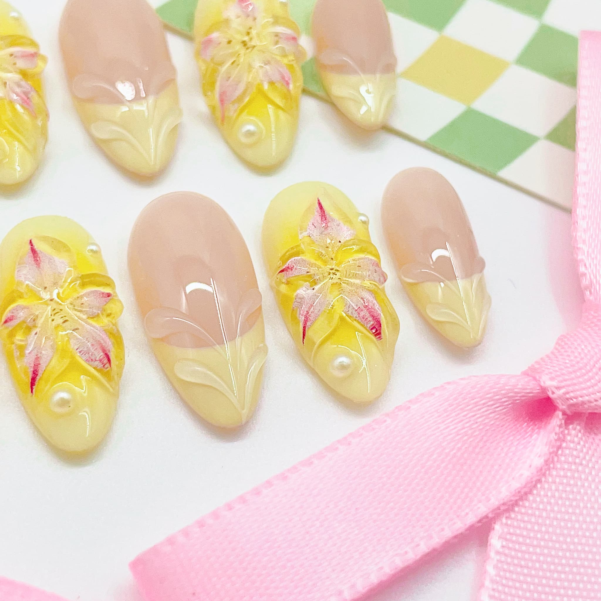 medium light light golden rod yellow almond press on nails with french tips design
