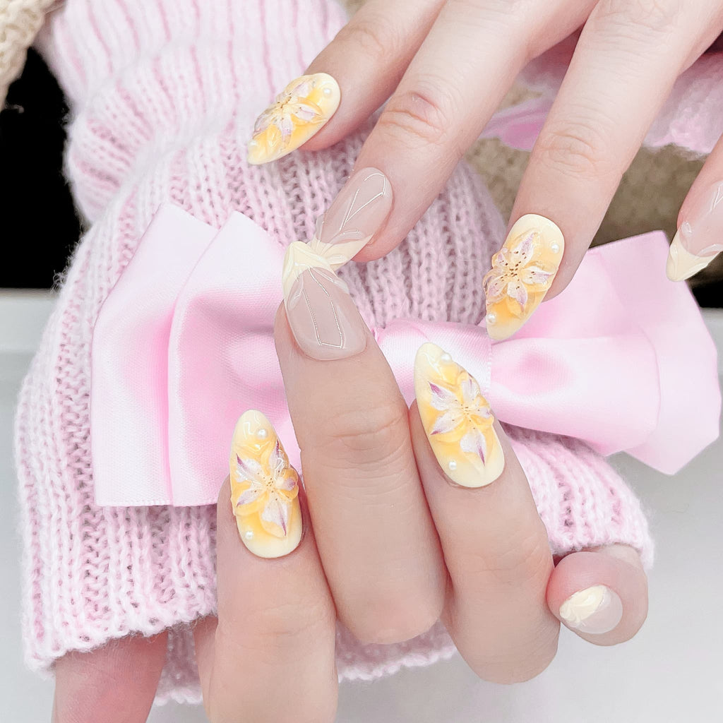 medium light light golden rod yellow almond press on nails with french tips design