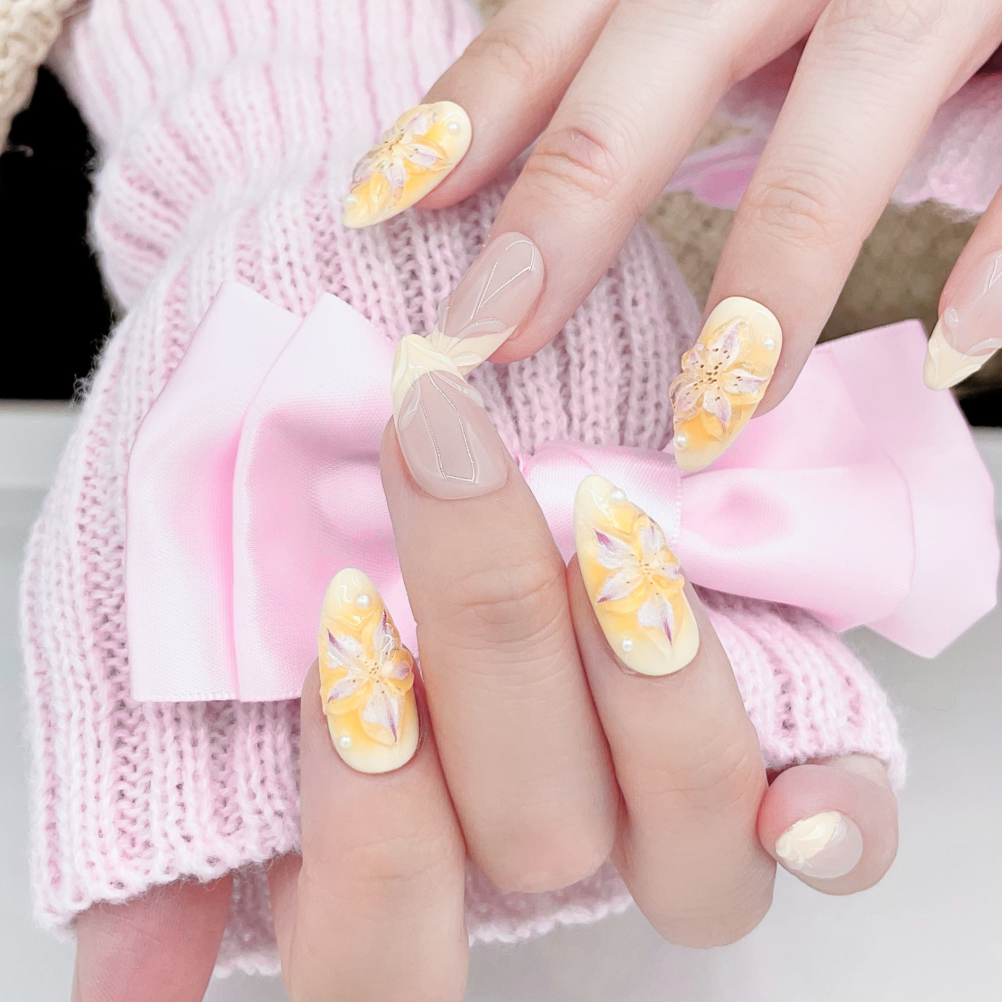 medium light light golden rod yellow almond press on nails with french tips design