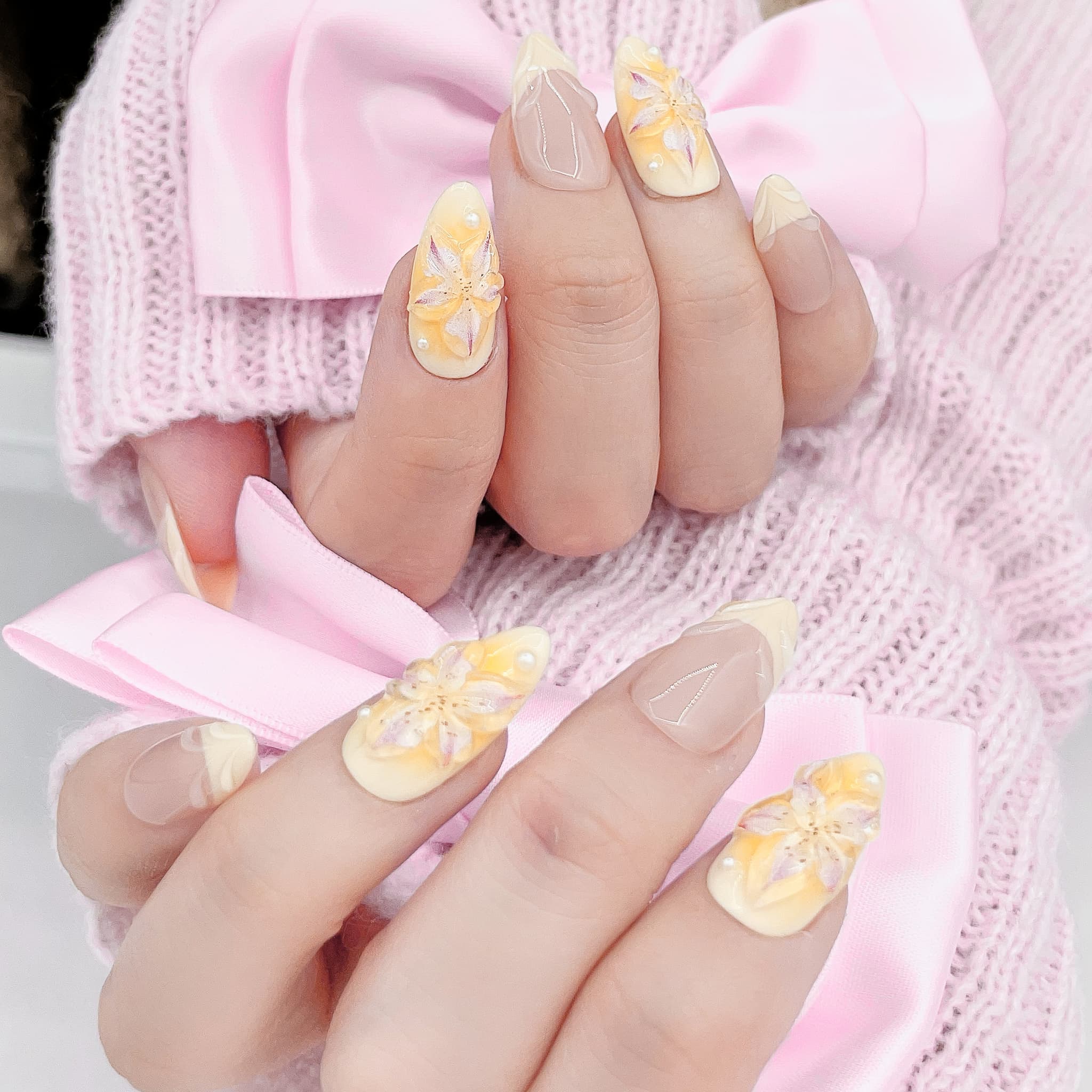 medium light light golden rod yellow almond press on nails with french tips design