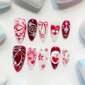 medium length crimson almond press on nails with cherry design