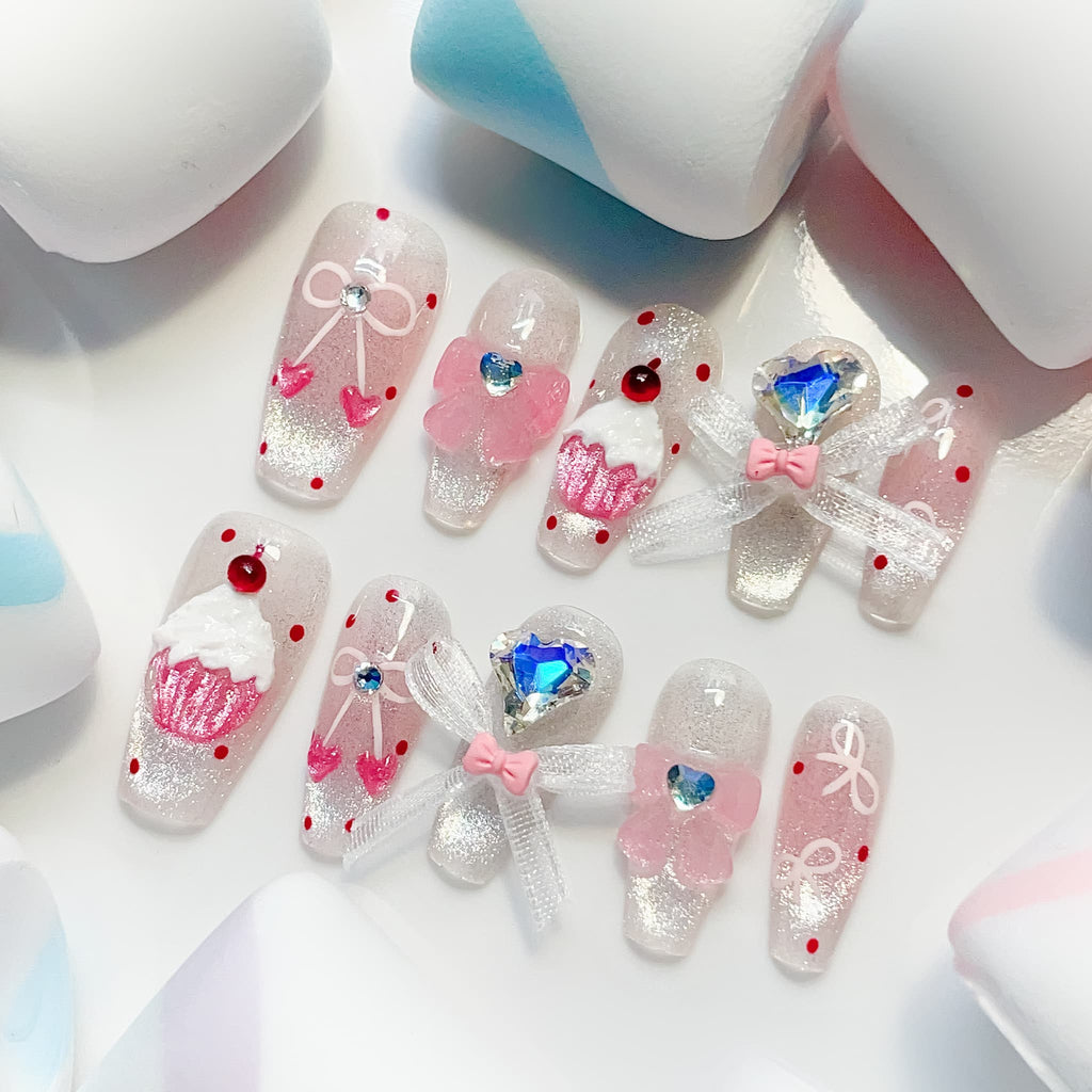 medium length pink coffin press on nails with cherry and cupcake design