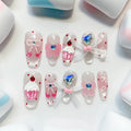 medium length pink coffin press on nails with cherry and cupcake design