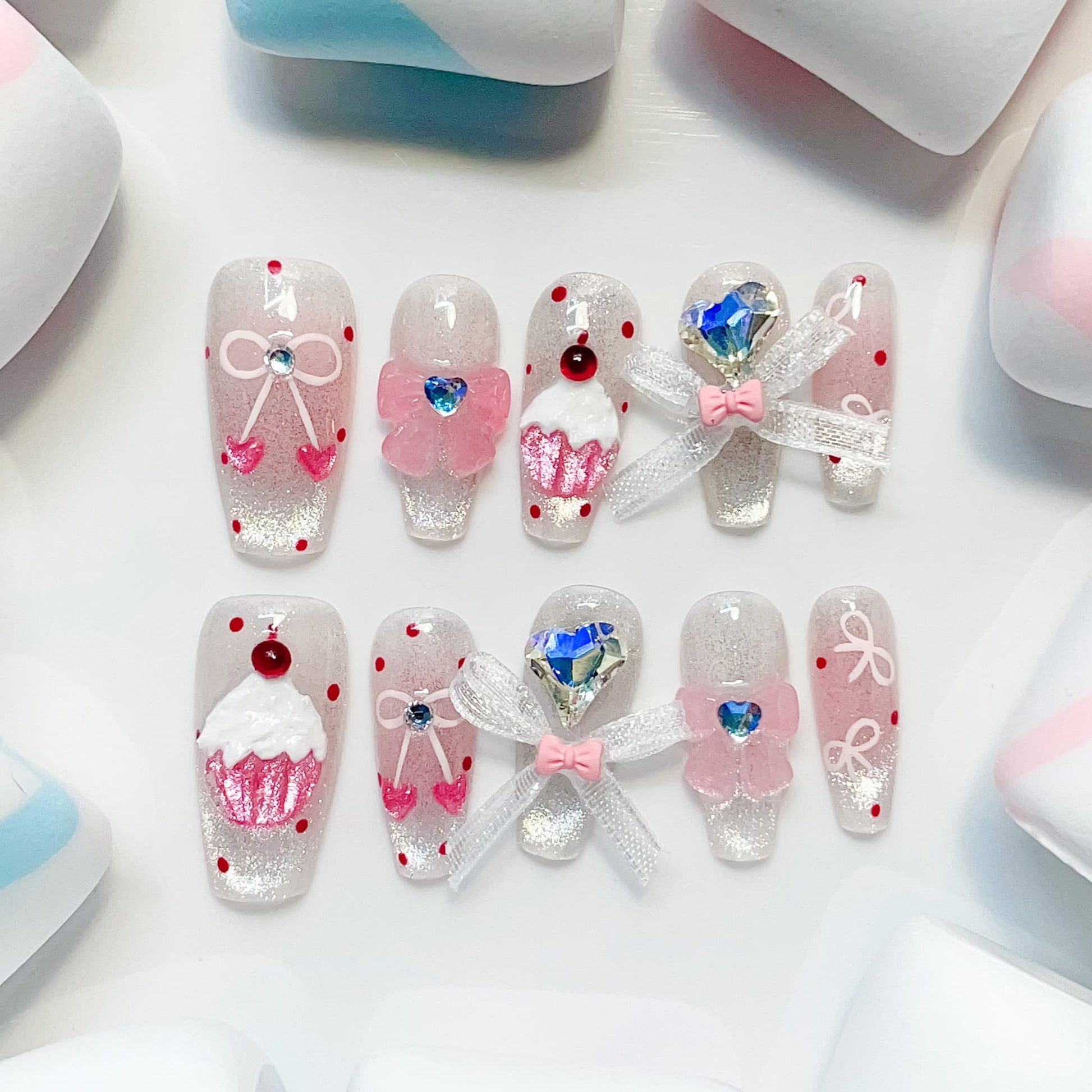 medium length pink coffin press on nails with cherry and cupcake design