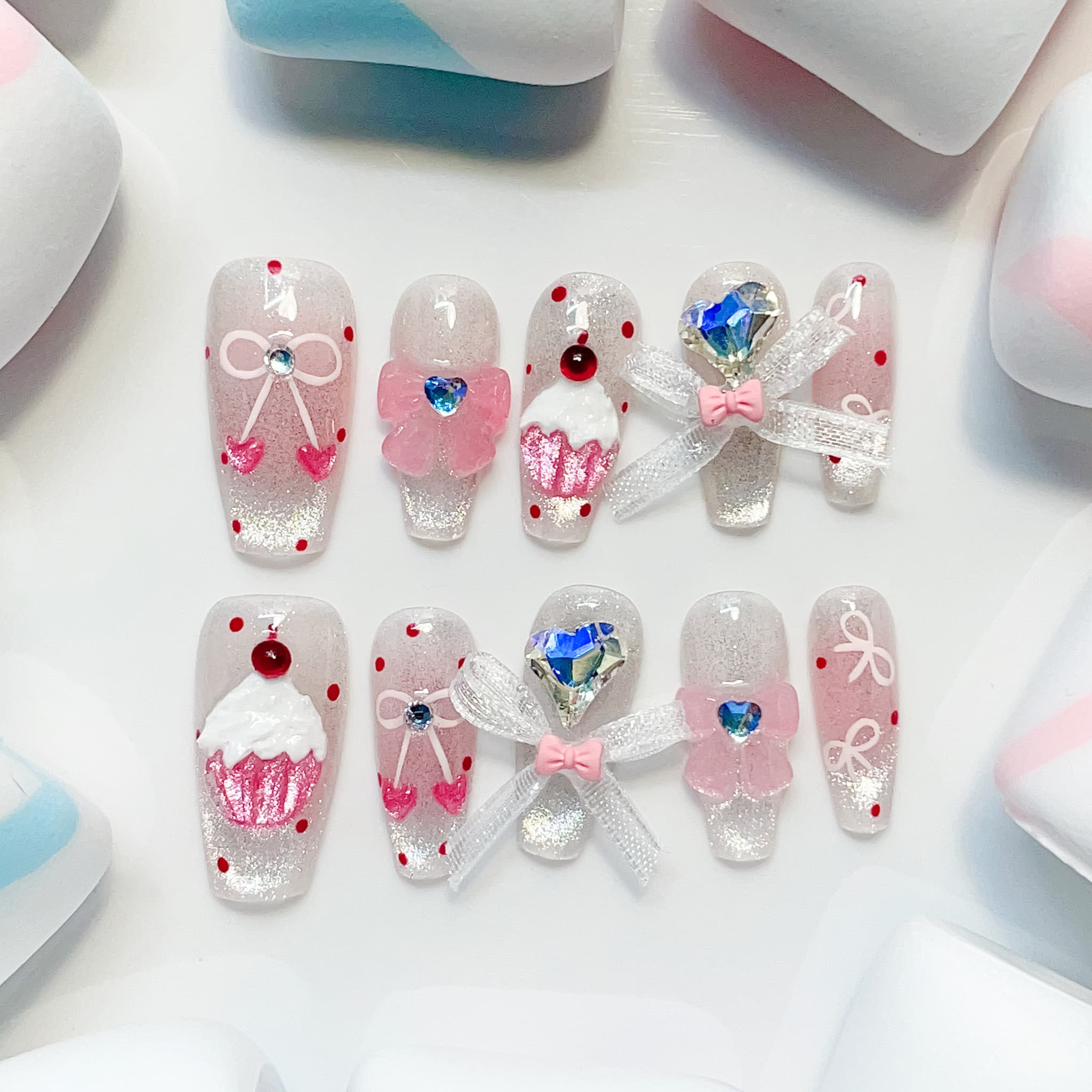 medium length pink coffin press on nails with cherry and cupcake design