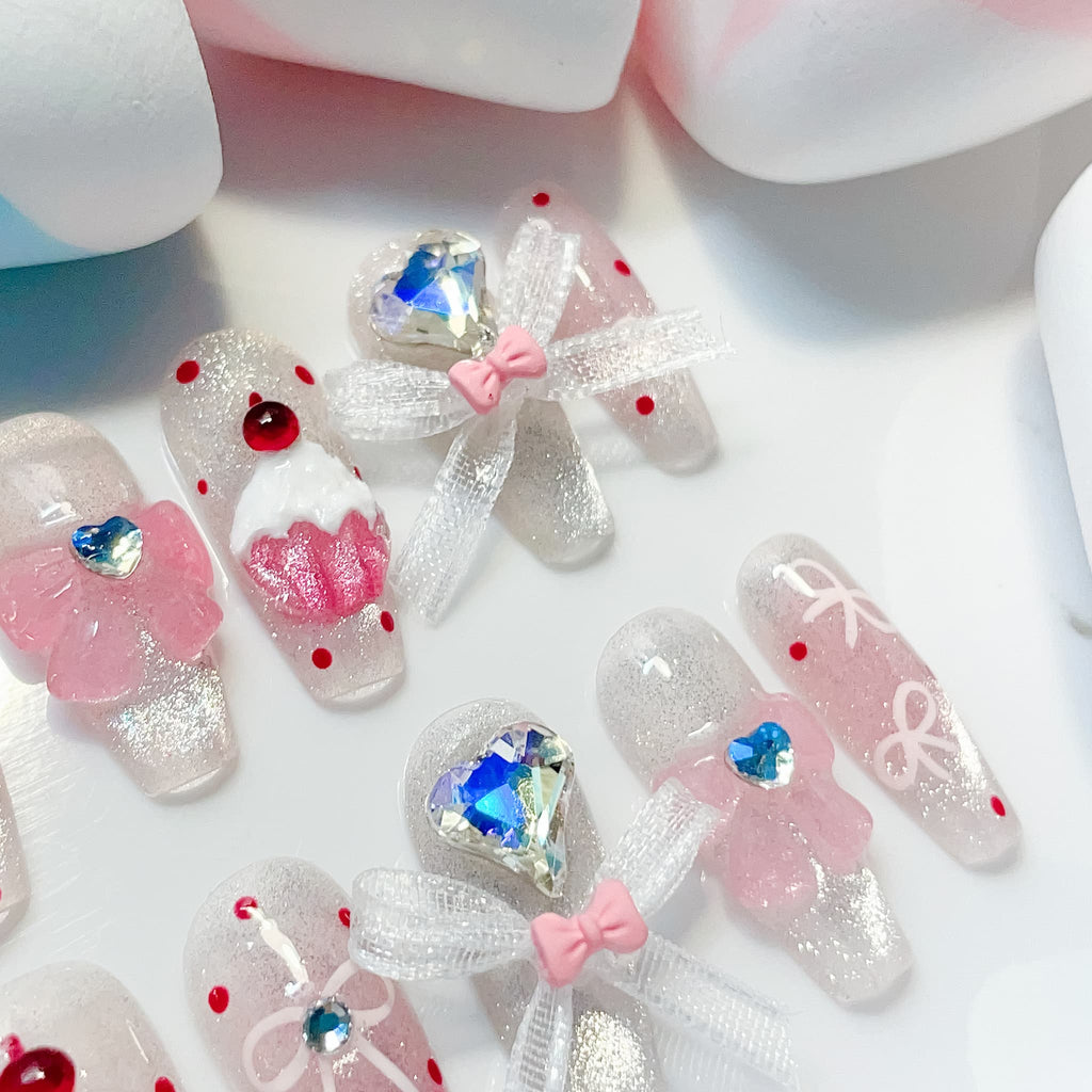 medium length pink coffin press on nails with cherry and cupcake design