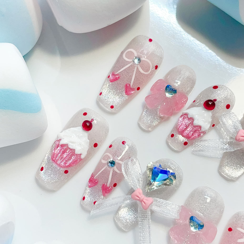 medium length pink coffin press on nails with cherry and cupcake design