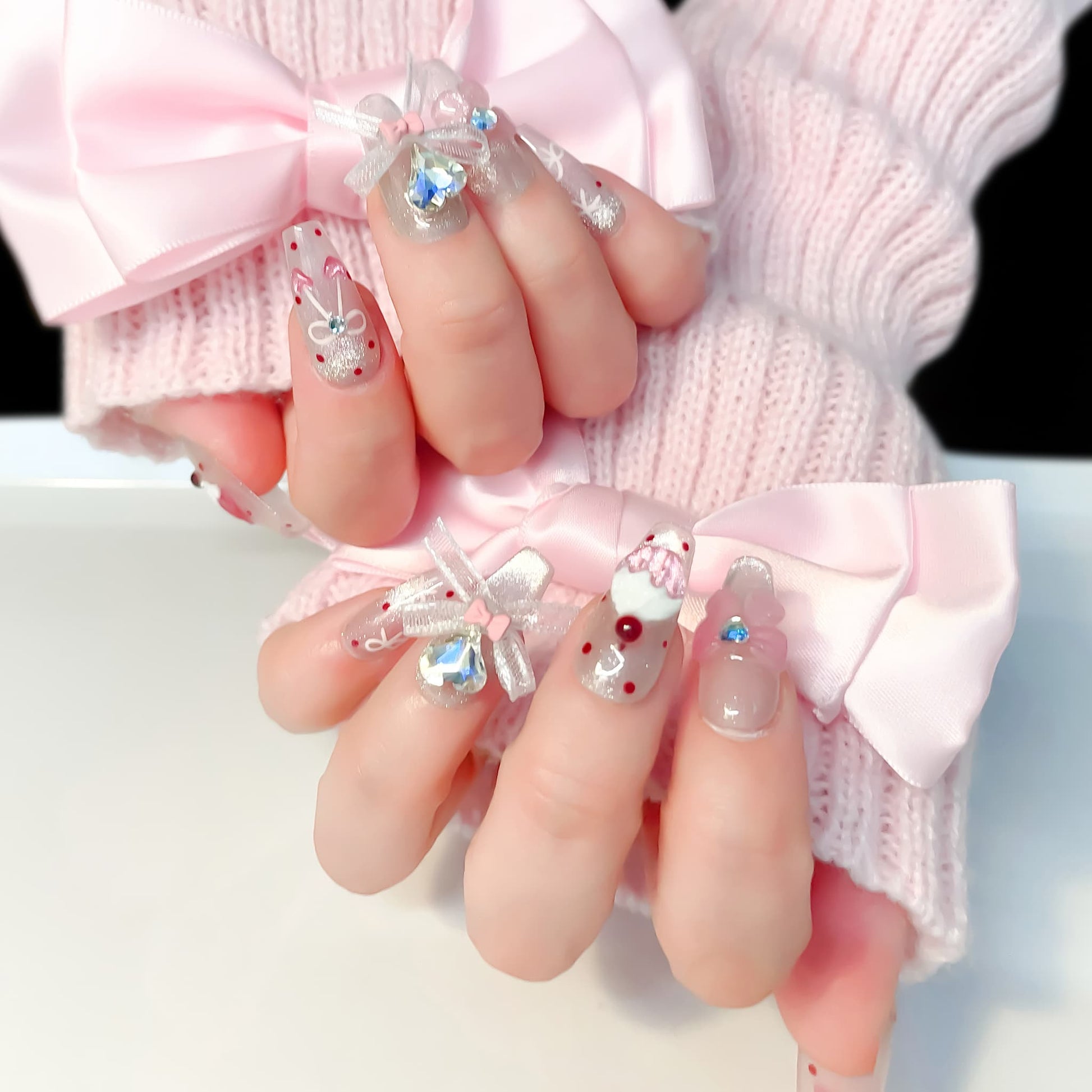 medium length pink coffin press on nails with cherry and cupcake design