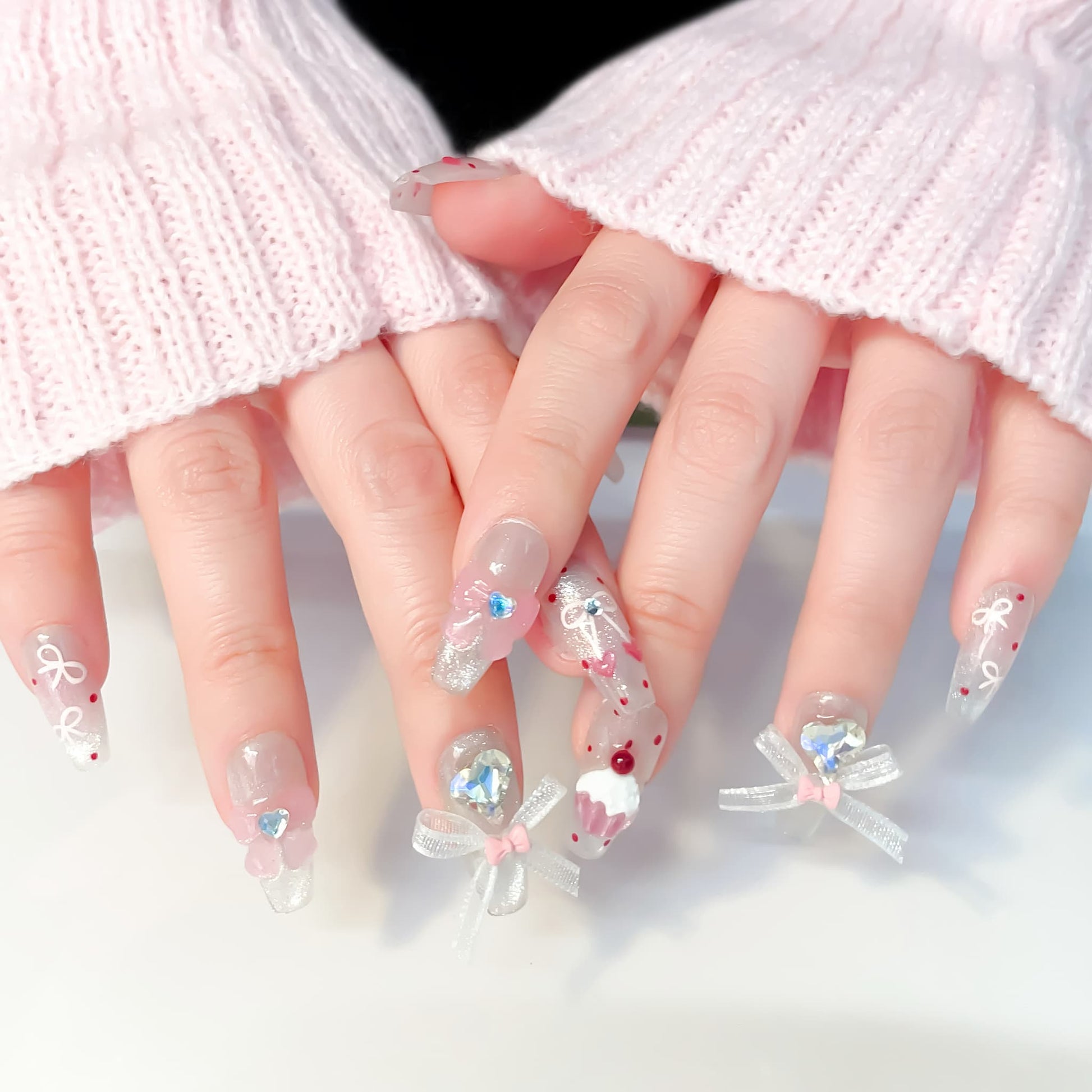 medium length pink coffin press on nails with cherry and cupcake design