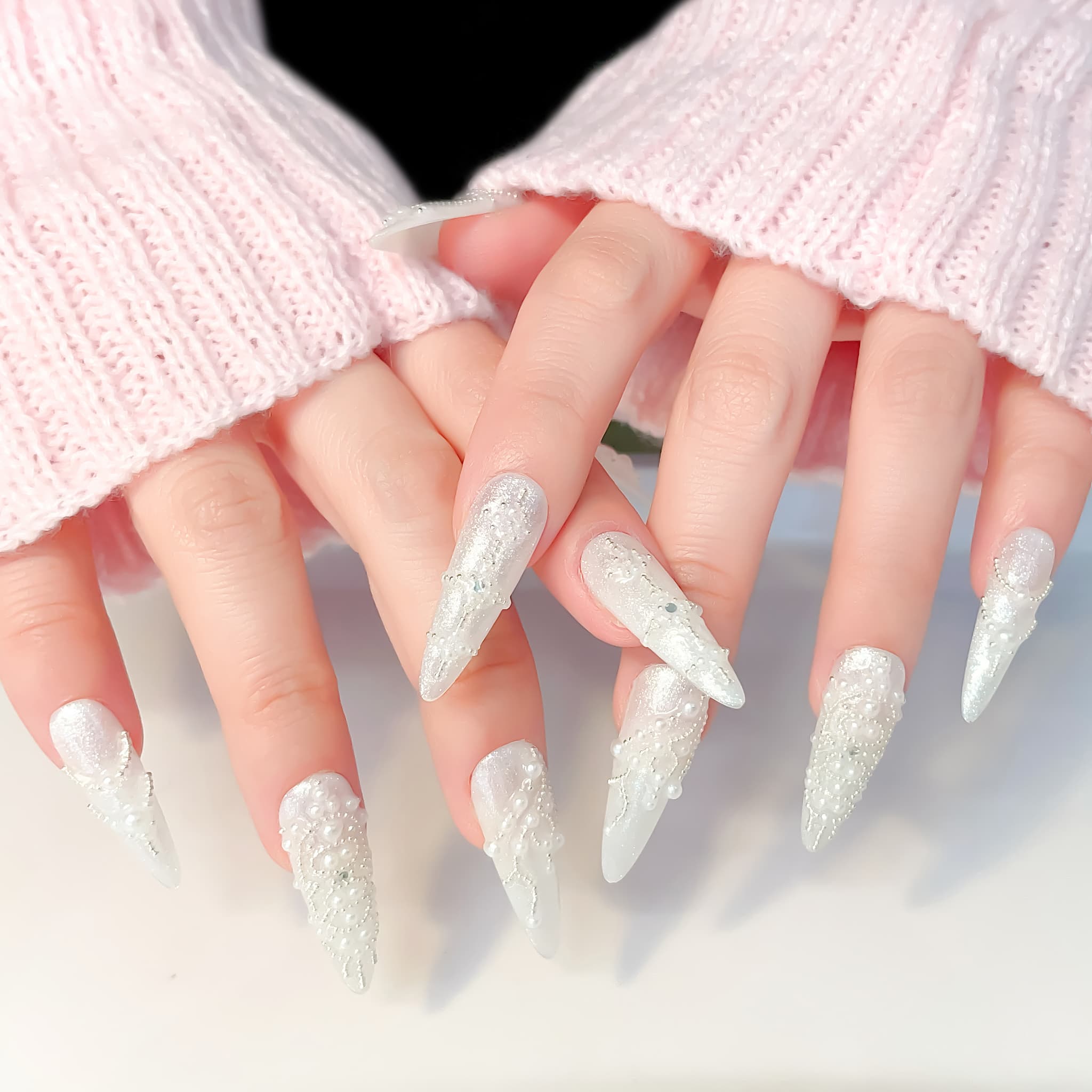 long length white stiletto press on nails with pearl design