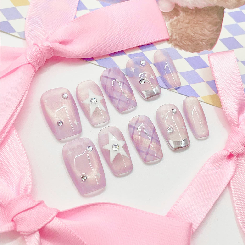 short length lavender blush square press on nails with translucent design