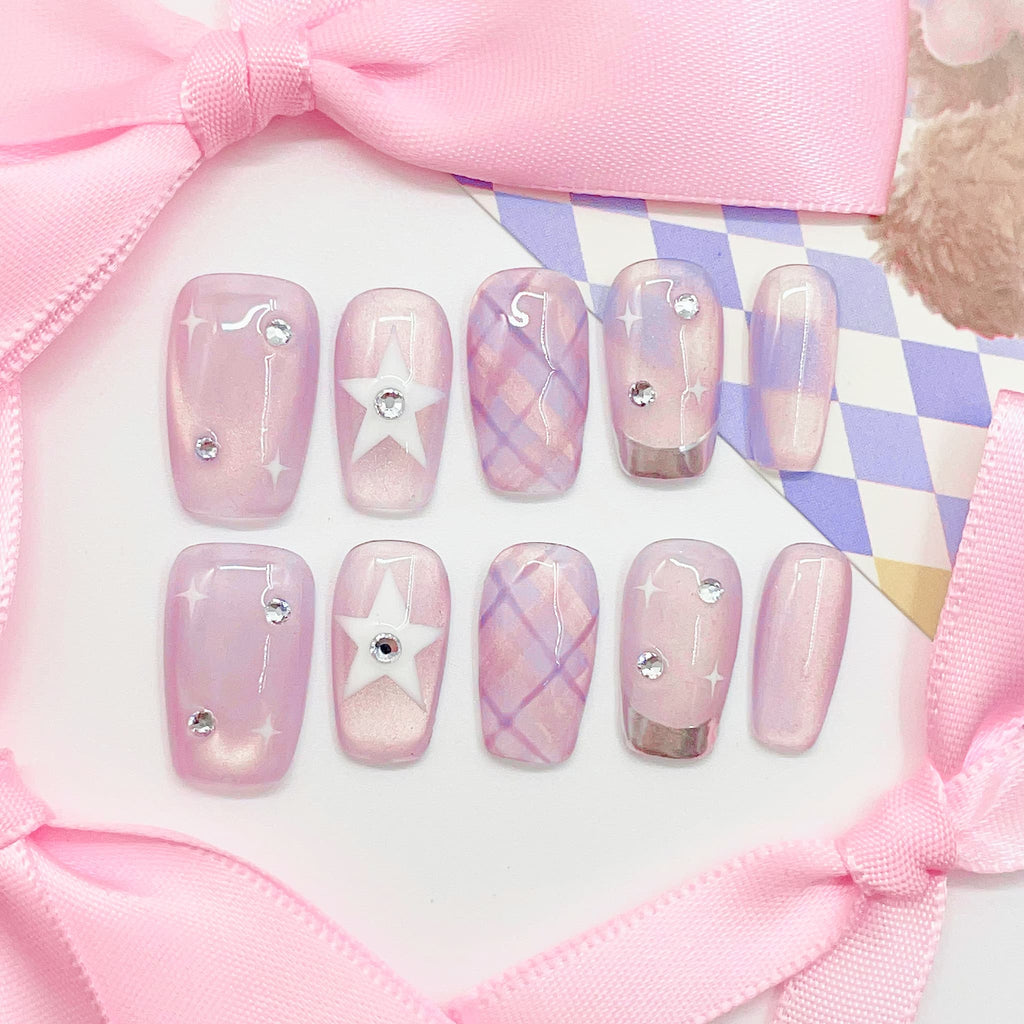 short length lavender blush square press on nails with translucent design