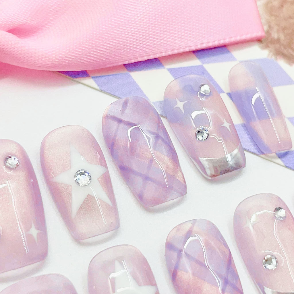 short length lavender blush square press on nails with translucent design