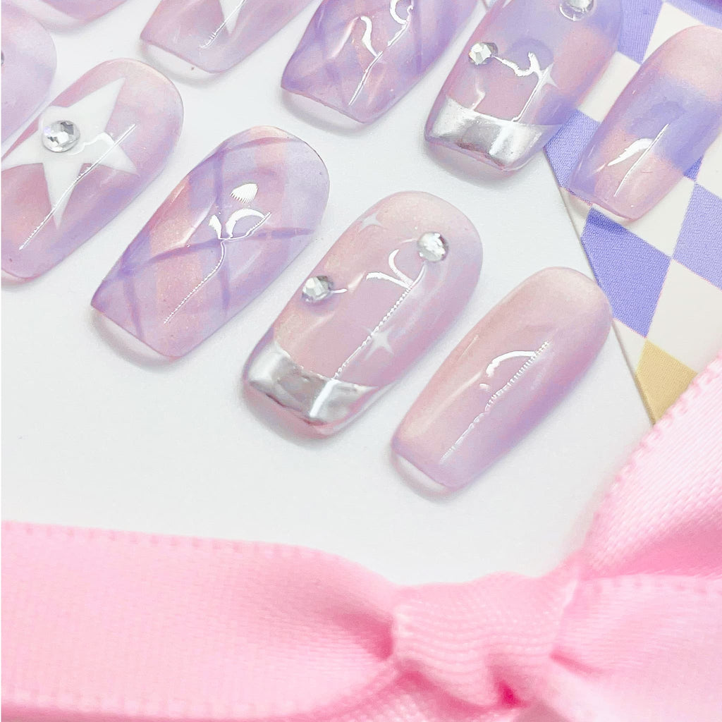 short length lavender blush square press on nails with translucent design