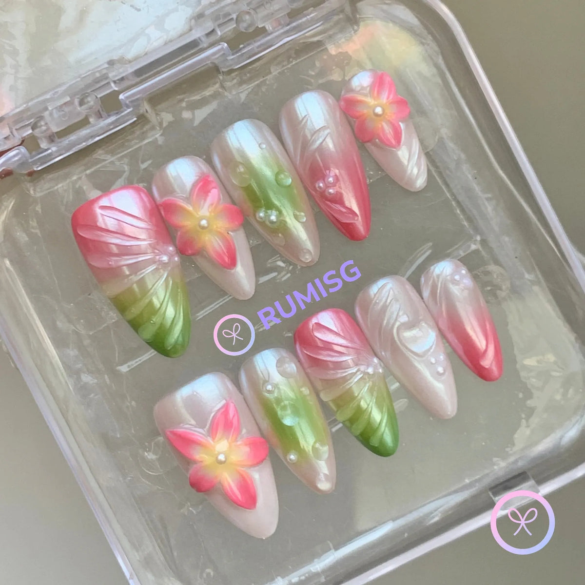elegant hot pink iridescent embossed flower medium almond press on nails with pearl