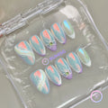 coquette cyan iridescent short almond press on nails with lace linework and white bow