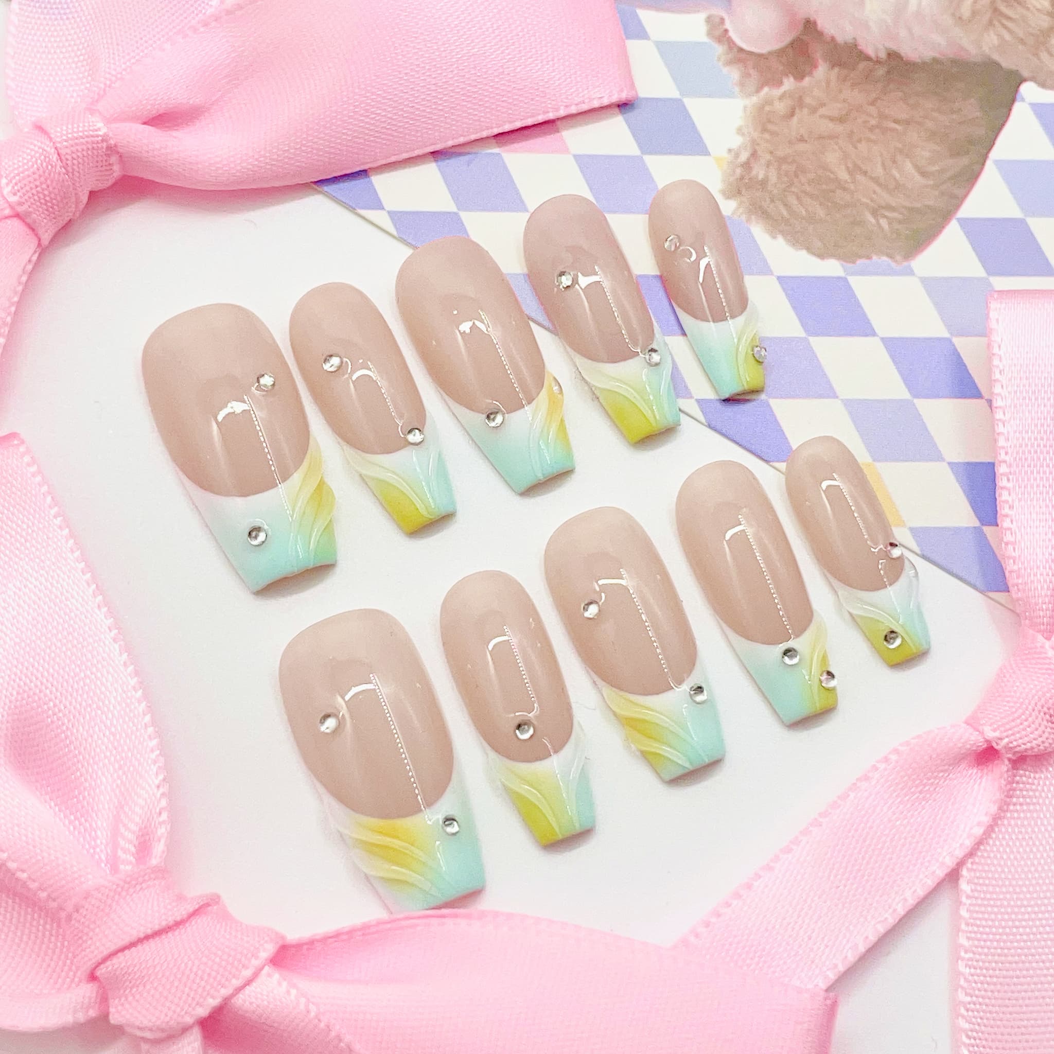medium length nude coffin press on nails with french tips design
