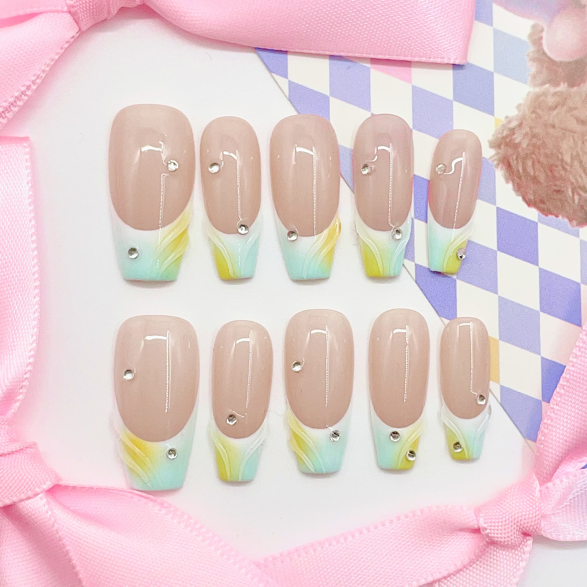 medium length nude coffin press on nails with french tips design
