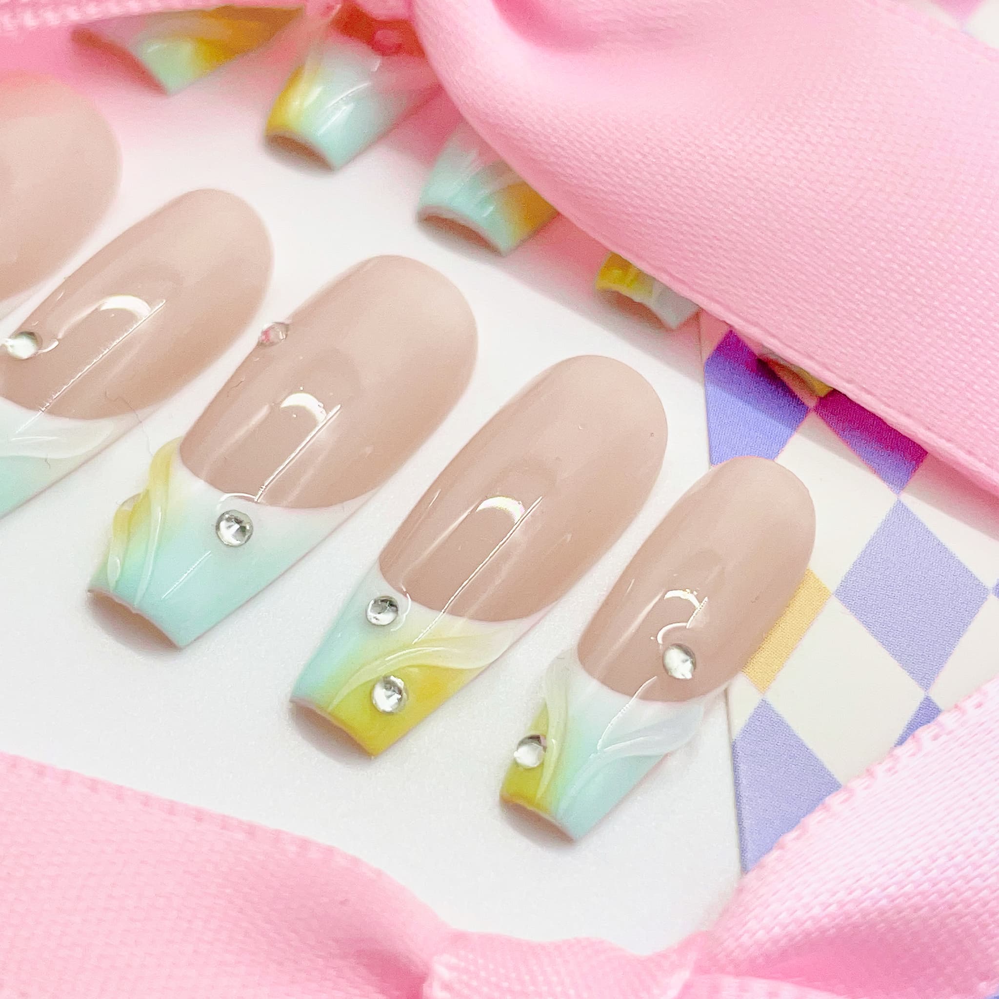 medium length nude coffin press on nails with french tips design