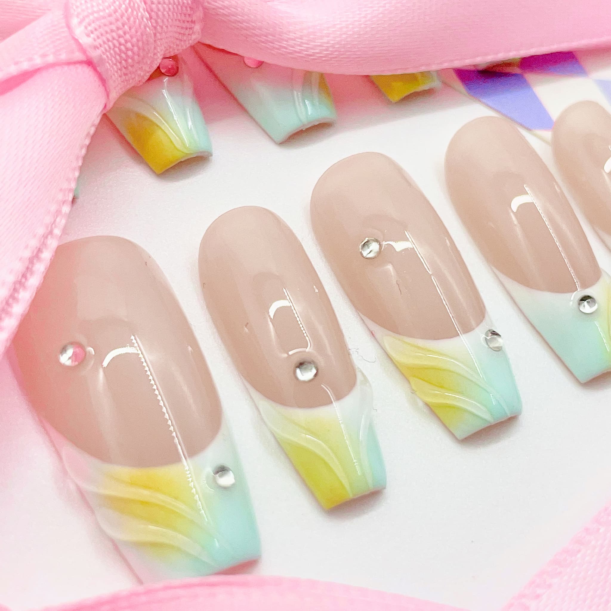 medium length nude coffin press on nails with french tips design