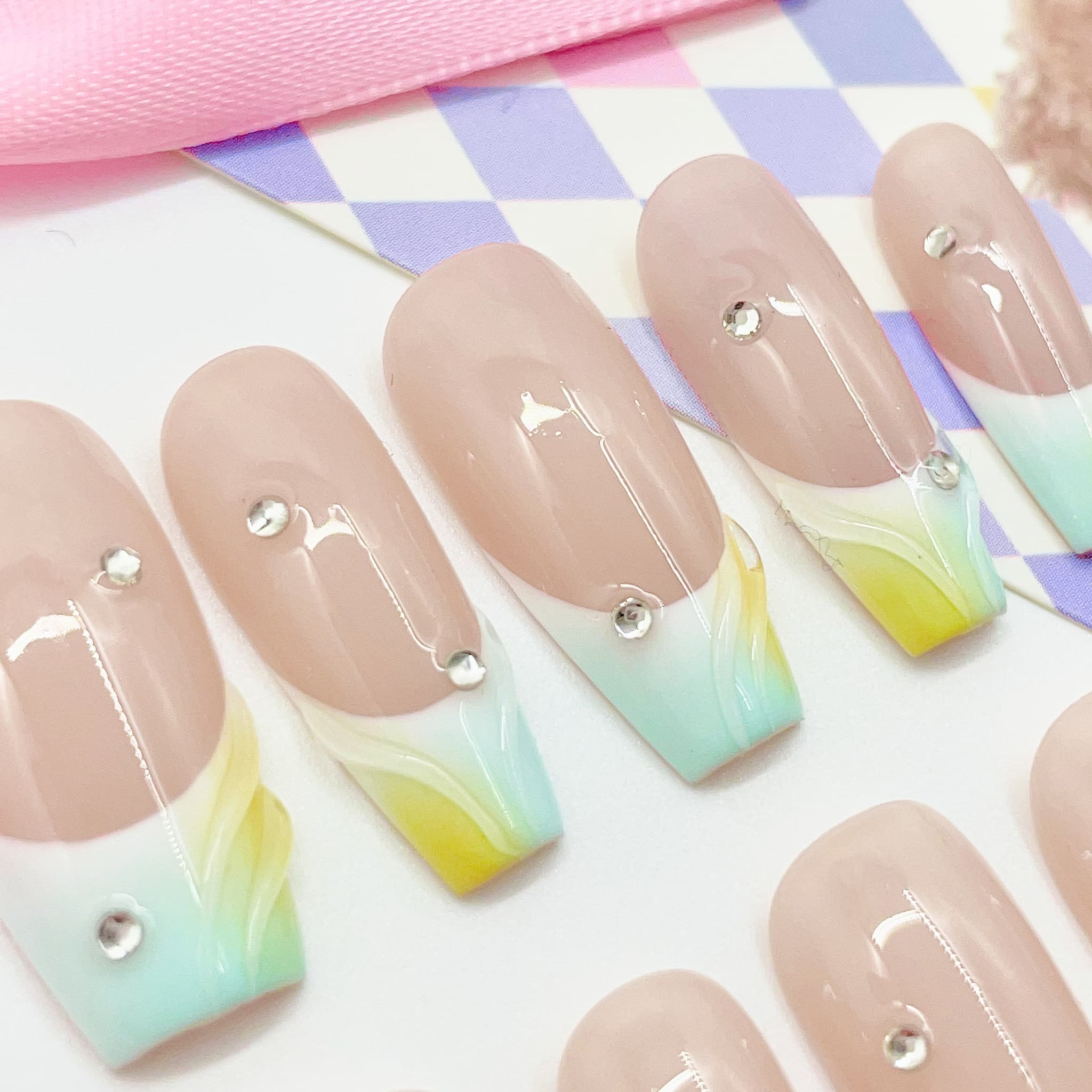 medium length nude coffin press on nails with french tips design