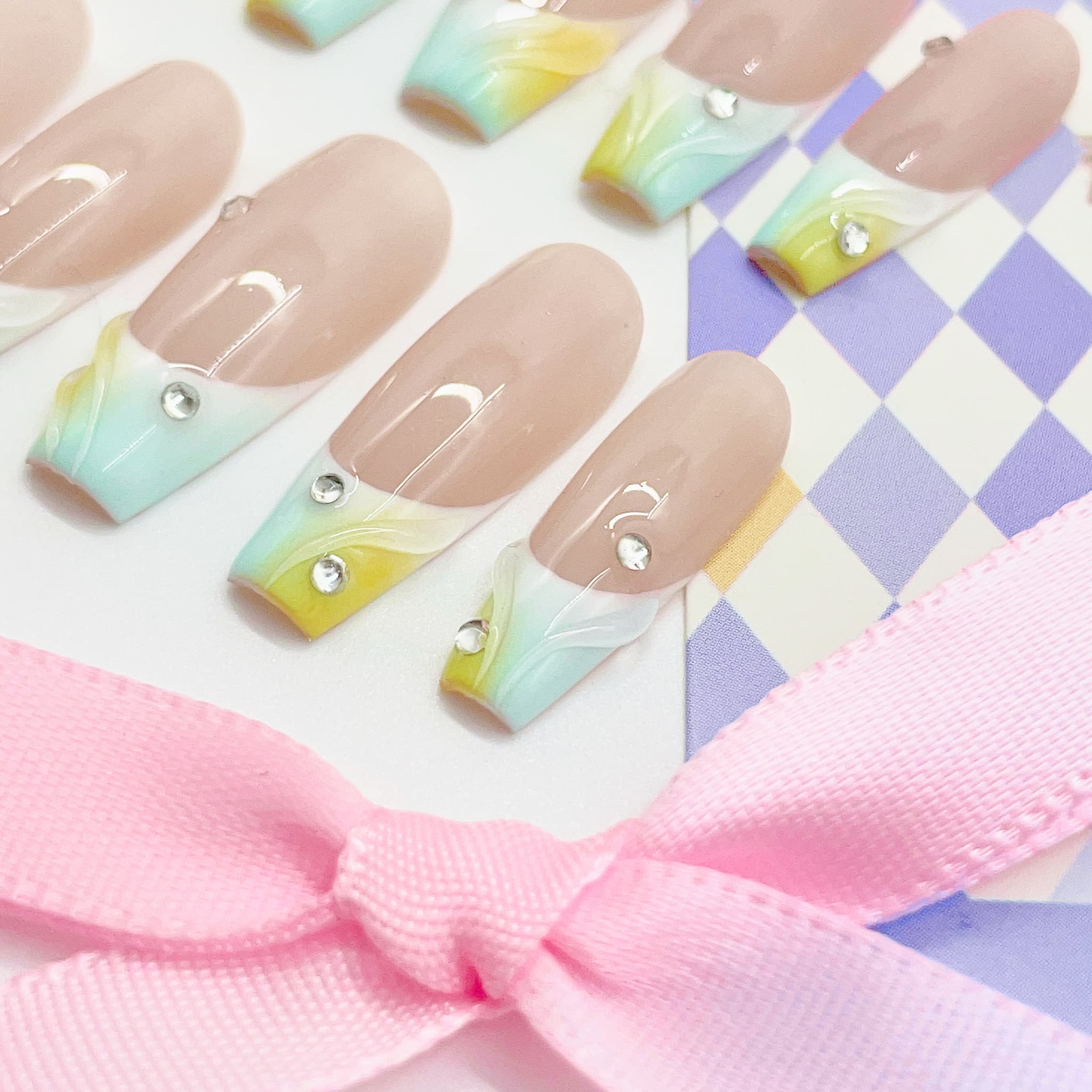 medium length nude coffin press on nails with french tips design