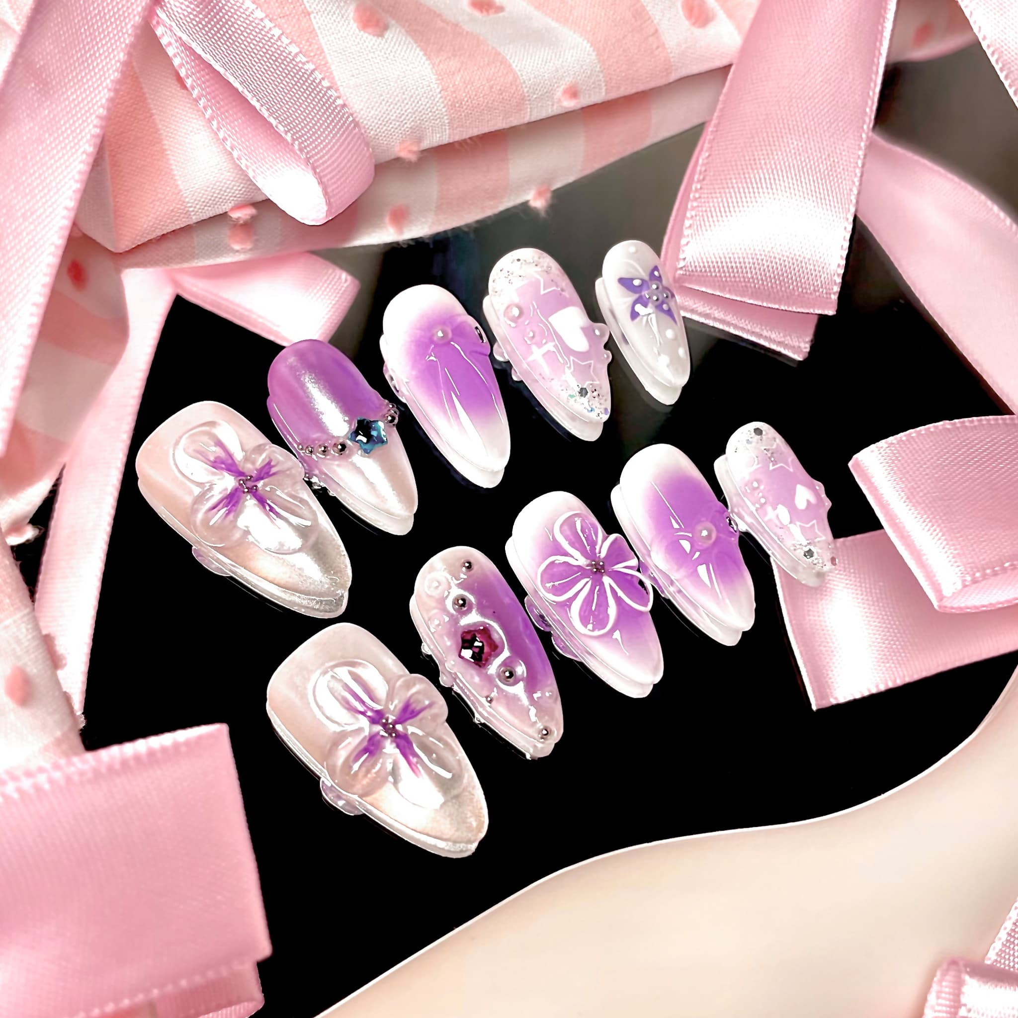 medium length medium orchid almond press on nails with 3d flowers