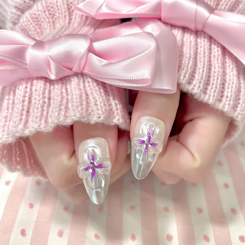 medium length medium orchid almond press on nails with 3d flowers