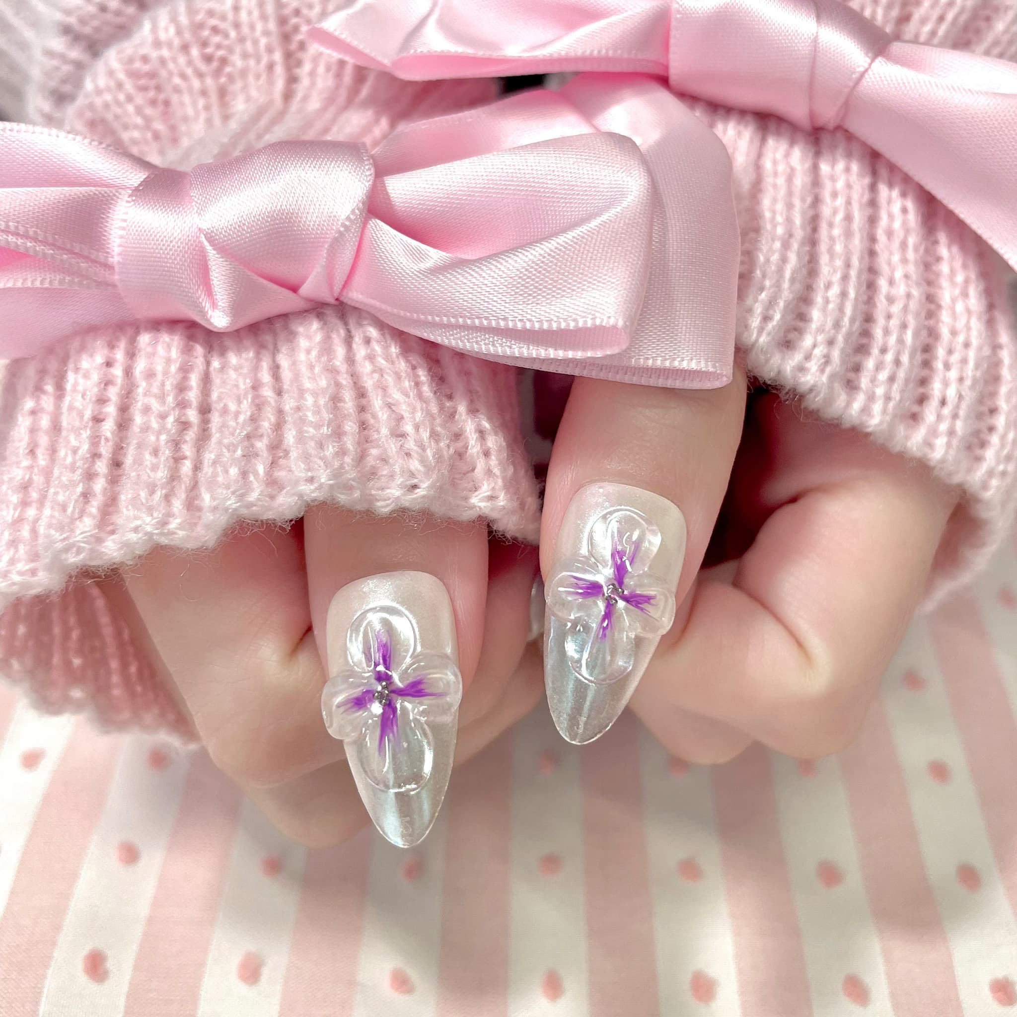 medium length medium orchid almond press on nails with 3d flowers