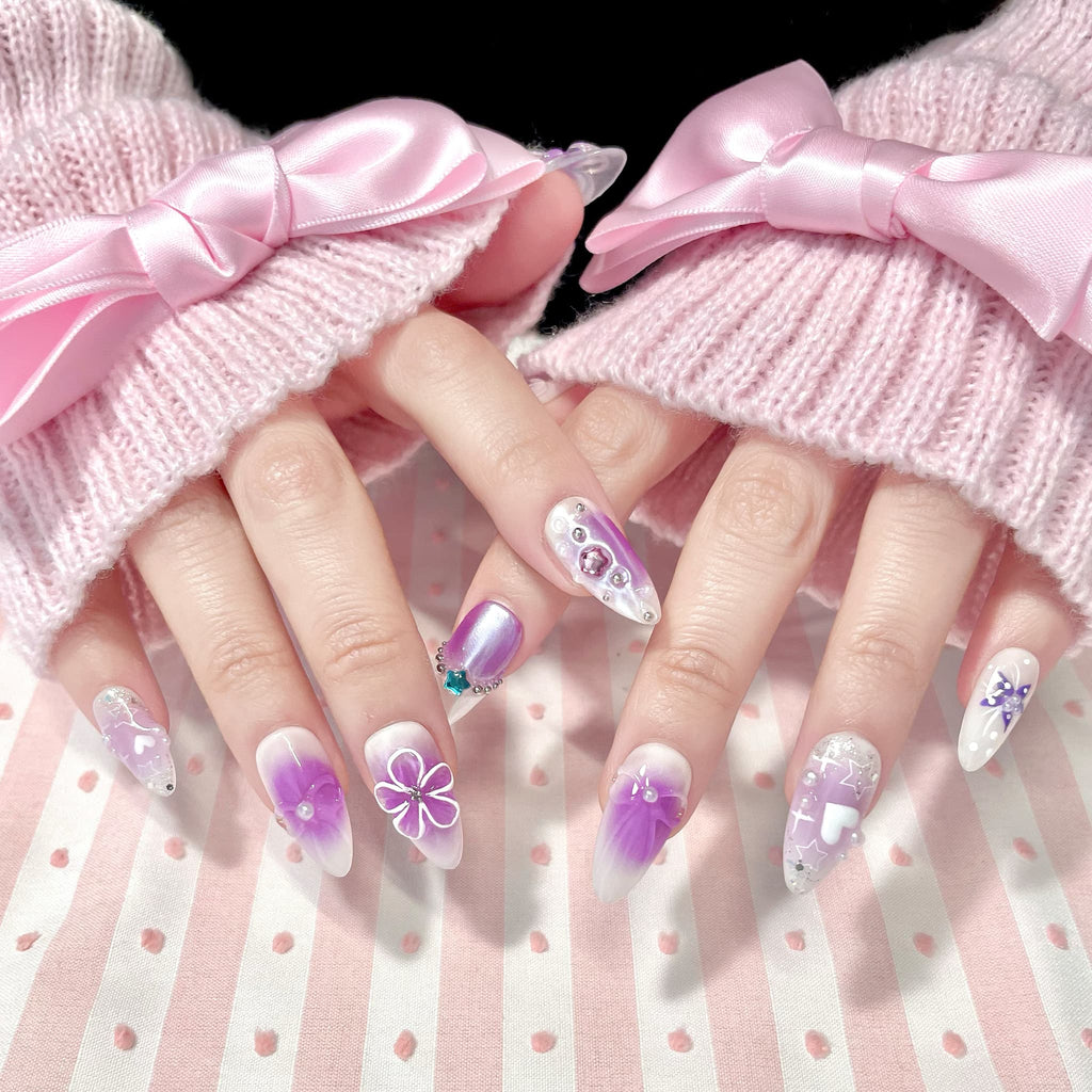 medium length medium orchid almond press on nails with 3d flowers