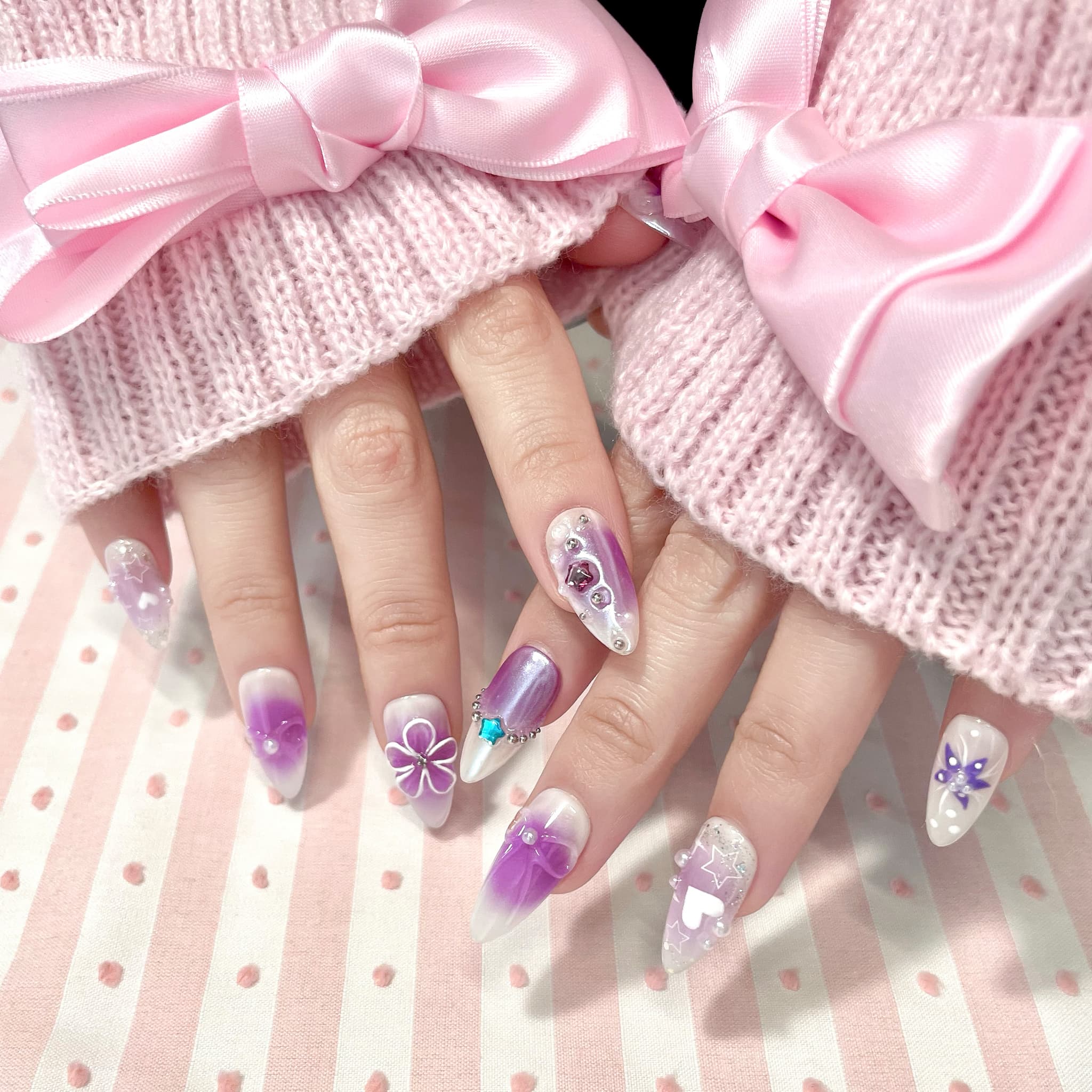 medium length medium orchid almond press on nails with 3d flowers