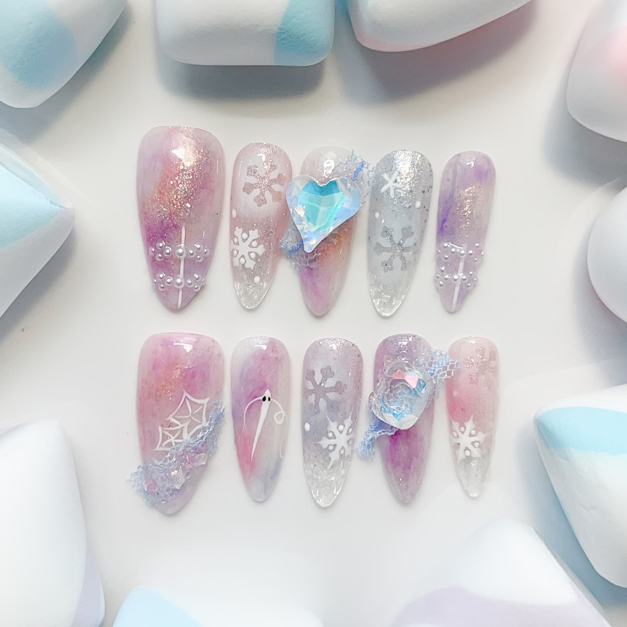 long length lavender almond press on nails with snowflakes design
