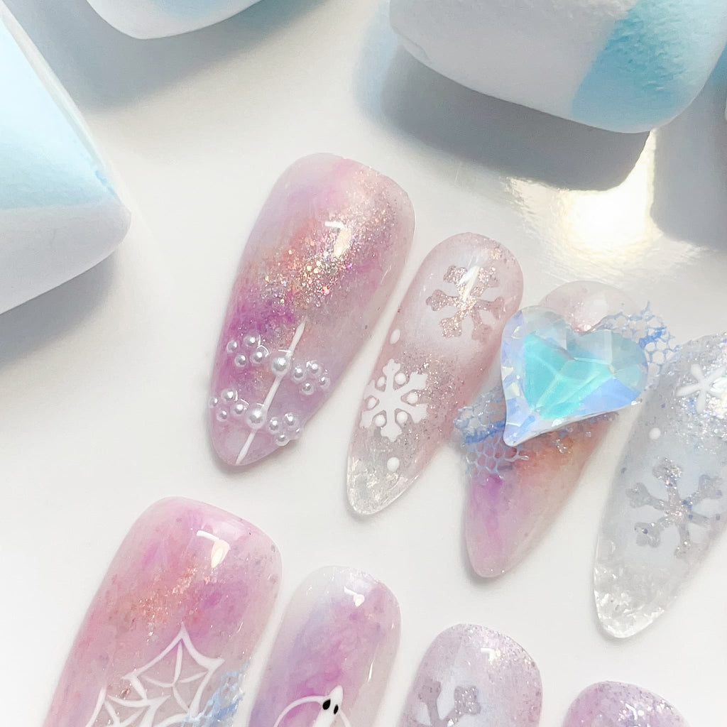 long length lavender almond press on nails with snowflakes design