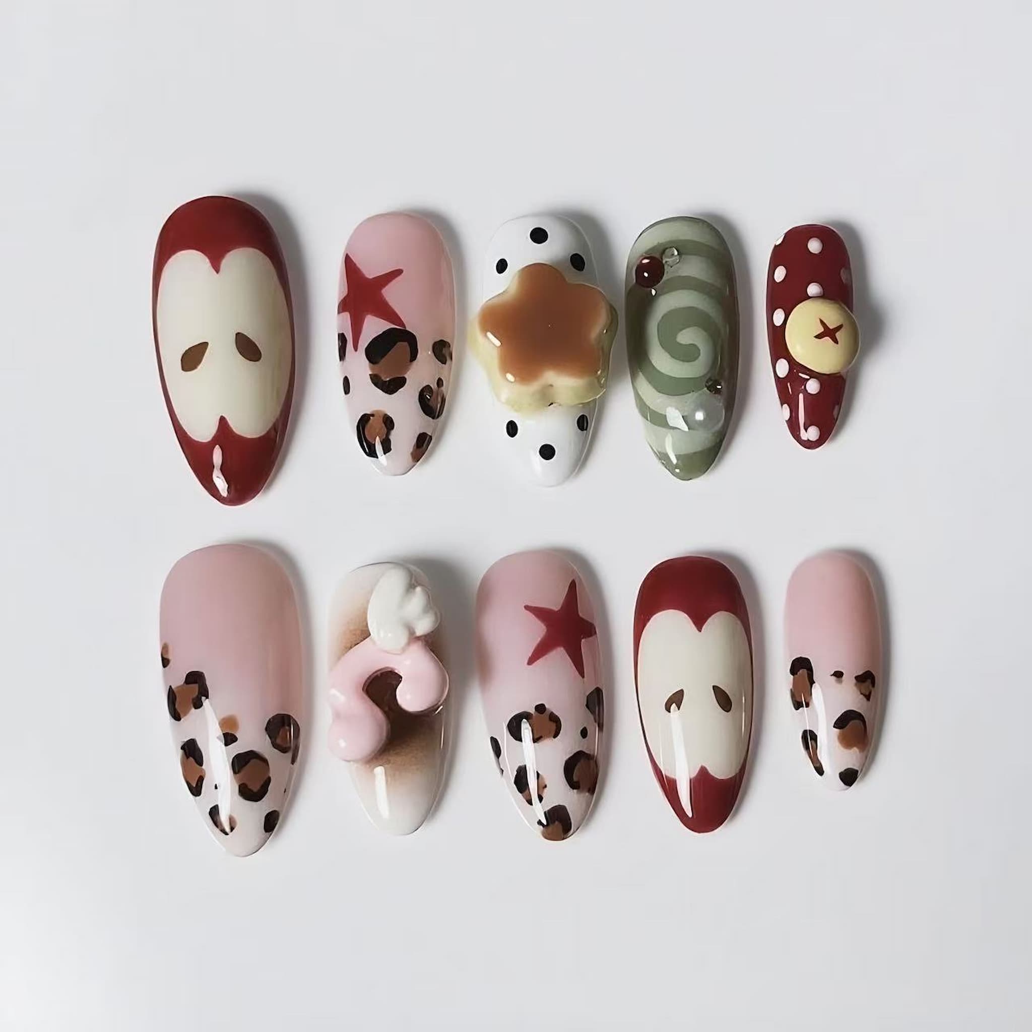 medium length fire brick press on nails with apple design