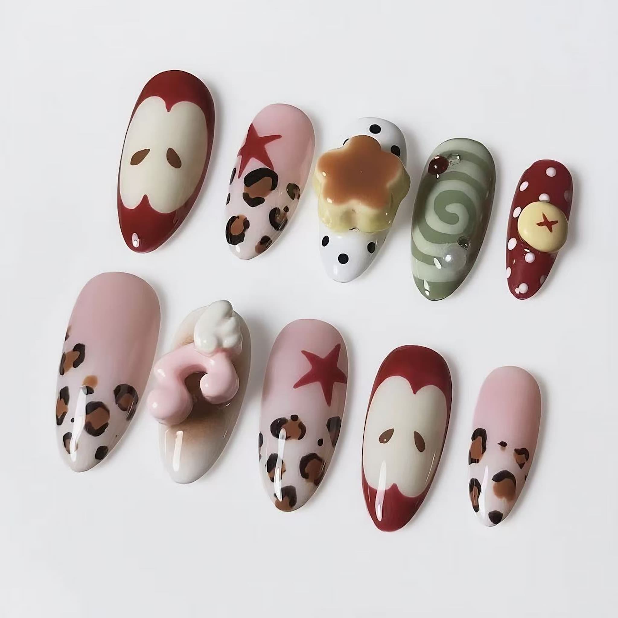 medium length fire brick press on nails with apple design
