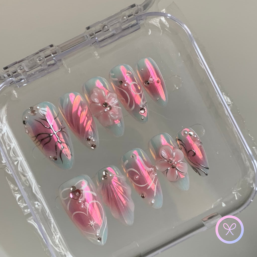 elegant pink iridescent short almond press on nails with veins and rhinestones 3d flower