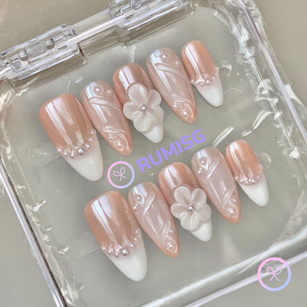 pearlcore white glossy medium almond press on nails with 3d flower and pearl linework