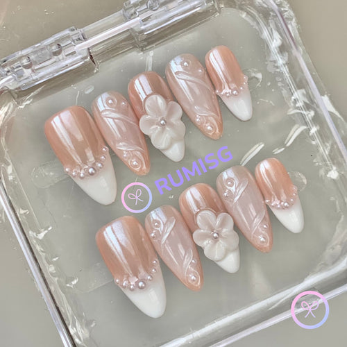 pearlcore white glossy medium almond press on nails with 3d flower and pearl linework