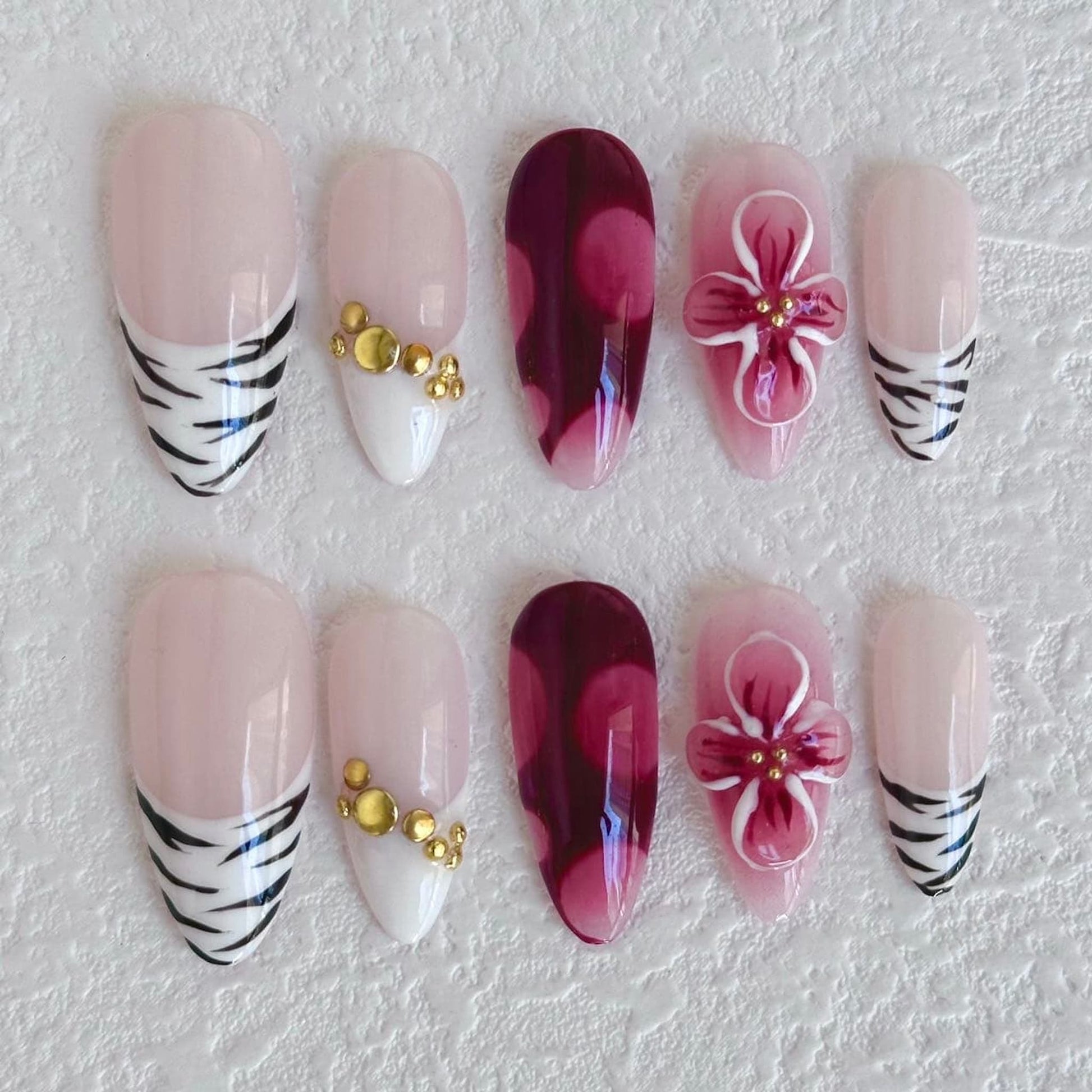 medium length dark red press on nails with zebra stripes, 3d press on nails